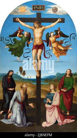 Raffaello. Il Cristo Crocifisso con la Vergine Maria, Santi e Angeli (la Crocifissione Mondiale) di Raffaello Sanzio da Urbino (1483–1520), olio di pioppo, c.. 1502-03 Foto Stock