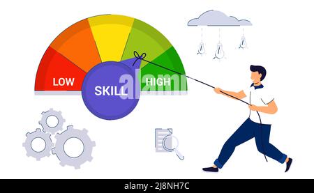 Livello di abilità concetto di crescita della conoscenza professionale o educativa livellamento in su e sviluppo di carriera con avanzamento meter formazione, potenziamenti di abilità Illustrazione Vettoriale