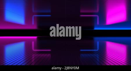 Immagine di sfondo tridimensionale. Riflessi luminosi delle lampade a LED, spazio per il testo al centro del rettangolo, coloratissimi tubi al neon luminosi nel Foto Stock
