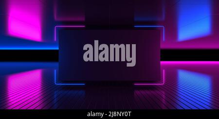 3d rendering sfondo astratto neon. Paesaggio futuristico, riflessi sul terreno. Cornice rettangolare vuota, spazio di copia. Viola rosa blu chiaro, virt Foto Stock