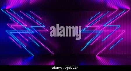3d rendering, sfondo astratto, linee di luce al neon rosa viola blu con spazio di copia, forme geometriche luminose. Foto Stock