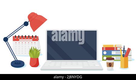 Scrivania da ufficio con computer portatile, lampada, documenti, calendario, caffè e fiori. Ambiente di lavoro moderno. Home Workspace table.Vector Illustration flat. (Tavolo dell'area di lavoro principale Illustrazione Vettoriale