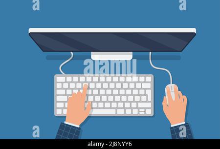 Persone che lavorano sul computer. Mani sulla tastiera e il mouse. Programmatore, blogger, freelance, designer, impiegato d'ufficio. Modello per la progettazione. VECTO Illustrazione Vettoriale