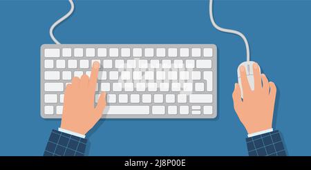 Persone che lavorano sul computer. Mani sulla tastiera e il mouse. Programmatore, blogger, freelance, designer, impiegato d'ufficio. Modello per la progettazione. VECTO Illustrazione Vettoriale