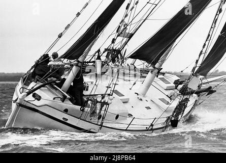 AJAXNETPHOTO. 16TH SETTEMBRE 1977. SOLENT, INGHILTERRA. - OLD GAFFERS RACE - LO YACHT VENUS PROGETTATO E COSTRUITO DA PAUL ERLING JOHNSON, IN CONDIZIONI DI TEMPO PESANTE DURANTE L'ANNUALE SOLENT CLASSICA GARA PER GAFF RIGED YACHTS. LO YACHT È STATO POI PERSO AL LARGO DELLA COSTA SETTENTRIONALE DELL'AUSTRALIA.PHOTO:JONATHAN EASTLAND/AJAX REF:771609 57 Foto Stock