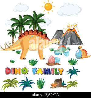 Famiglia di dinosauri con illustrazione di oggetti di foresta Illustrazione Vettoriale