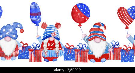 Acquerello senza cuciture bordo orizzontale disegnato a mano con 4th gnomes di luglio, il quarto di luglio patriottico americano design con gnomes nordici in blu rosso bianco cappelli palloncini doni. Stampa festiva USA Foto Stock