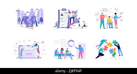 Set di lavoro d'ufficio, lavoro di squadra, assunzione di dipendenti, concetti di riabilitazione mentale Foto Stock