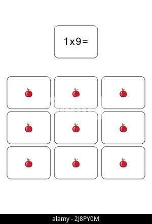 Tabella di moltiplicazione di 1. Scheda matematica con un esempio, disegno. Quadrato di moltiplicazione, illustrazione vettoriale. Prodotto stampato, striscione, tabella per Illustrazione Vettoriale