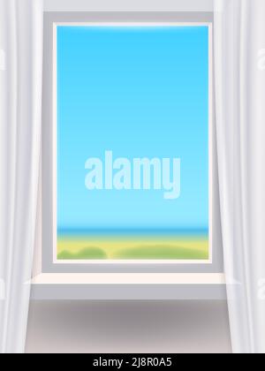 Finestra interna, vista sul paesaggio, primavera, tende. Modello di illustrazione vettoriale, isolato realistico Illustrazione Vettoriale