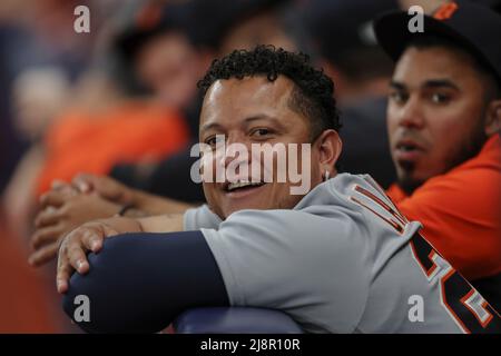 San Pietroburgo, Florida. USA; Detroit Tigers designato colpire Miguel Cabrera (24) è stato tutti sorrisi nel dugout durante una partita di baseball della Major League ancora una volta Foto Stock