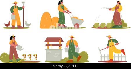 Gli agricoltori lavorano su campo agricolo e giardino. Illustrazione piatta vettoriale della gente di villaggio, lavoratori rurali che annaffiano le verdure, nutrono la gallina, con wheelbarro Illustrazione Vettoriale