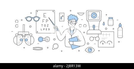 Controllo oculare, diagnostica oftalmologica, correzione della vista, concetto di optometria Doodle. Oftalmologo che controlla la vista del paziente. L'oculista mostra le lettere Illustrazione Vettoriale