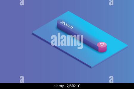Vista isometrica con lente di ingrandimento della barra di ricerca Illustrazione Vettoriale