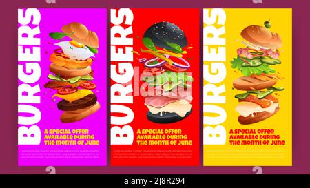 Poster dell'offerta speciale Burger. Volantini scontati per il ristorante fast food. Striscioni verticali vettoriali con illustrazione cartoon di hamburger volanti con bu Illustrazione Vettoriale