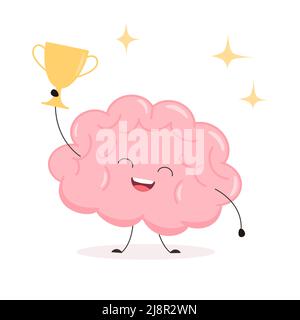 Cervello carino con la tazza del vincitore. Divertente personaggio del cervello umano kawaii. Stile cartoon flat. Illustrazione vettoriale Illustrazione Vettoriale