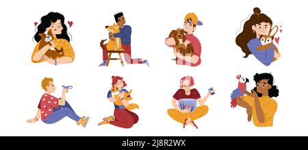 La gente tiene l'uccello, il pesce nell'acquario ed abbraccia l'illustrazione piatta del vettore dei proprietari domestici felici degli animali, delle donne e dei caratteri dell'uomo con i cani carini, rab Illustrazione Vettoriale