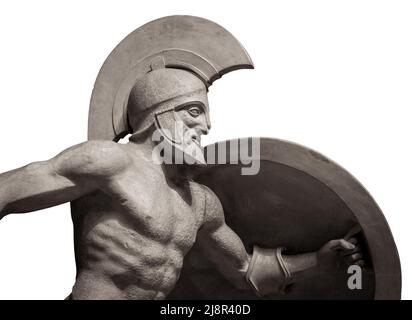 Testa in casco greco antica scultura di guerriero. Isolato su sfondo bianco Foto Stock