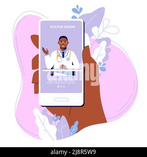 Concetto di medicina online con l'uomo medico nero e l'app per smartphone. Illustrazione Vettoriale