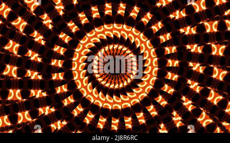 Illustrazione di un caleidoscopio frattale luminoso di razzi e sole con spirali. Foto Stock