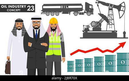 Concetto di industria petrolifera. Illustrazione di un uomo d'affari arabo musulmano, ingegnere e silhouette di un camion a benzina, pompa dell'olio in stile piatto su sfondo bianco. PET Illustrazione Vettoriale