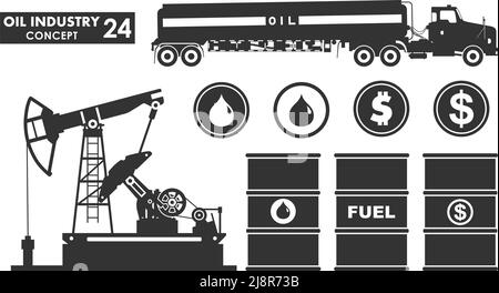 Concetto di industria petrolifera. Silhouette di camion a benzina, pompa dell'olio in stile piatto. Barile di petrolio con dollaro e gocce segno. Illustrazione vettoriale. Illustrazione Vettoriale