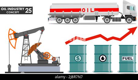 Concetto di industria petrolifera. Silhouette di camion a benzina, pompa dell'olio in stile piatto. Barile di petrolio con dollaro e gocce segno. Illustrazione vettoriale Illustrazione Vettoriale