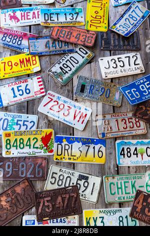 Bar Harbor, Maine, USA - Agosto 28 2014: Vecchie targhe di auto su un muro a Bar Harbor. Negli Stati Uniti, ogni giurisdizione ha un design unico, Foto Stock