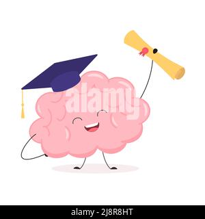 Cervello carino in testa di graduazione con diploma. Kawaii divertente personaggio del cervello umano. Stile cartoon flat. Illustrazione vettoriale Illustrazione Vettoriale