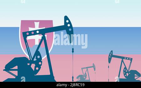 Silhouette della pompa dell'olio contro la bandiera della Slovacchia. Petrolio greggio e gas di grado di estrazione. Concetto di giacimenti petroliferi e società petrolifere, mercato degli idrocarburi, Foto Stock