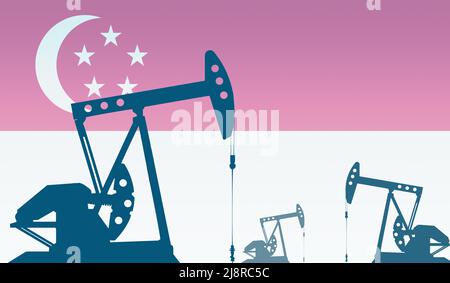 Silhouette della pompa dell'olio contro la bandiera di Singapore. Petrolio greggio e gas di grado di estrazione. Concetto di giacimenti petroliferi e società petrolifere, mercato degli idrocarburi, Foto Stock