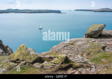 Costa del Galles, vista dalla cima di St David's Head attraverso la baia di Porth Mawr sulla costa del Pembrokeshire, Galles Foto Stock