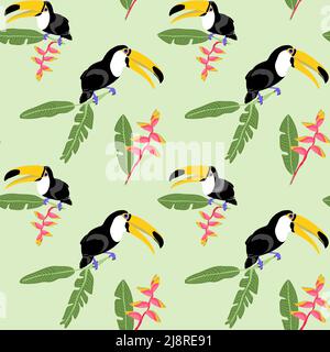 Uccello esotico con toucan di pennino grande e foglie tropicali e fiori heliconia modello senza cuciture. Sfondo colorato estate per carta da parati tessuto copertina illustrazione vettoriale Illustrazione Vettoriale