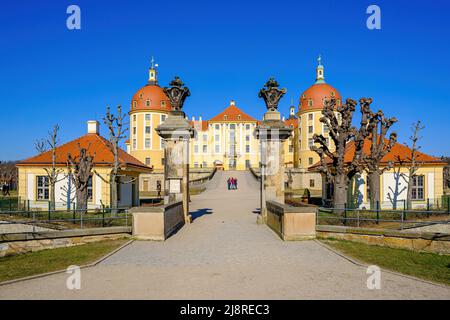 Vista pittoresca dal sud del Palazzo di Moritzburg a Moritzburg, vicino a Dresda, Sassonia, Germania. Foto Stock