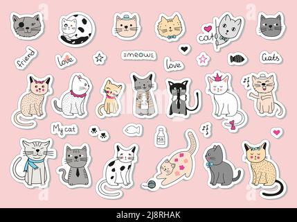 set adesivi con gatti. Disegni vettoriali fatti a mano, gatti carini. Illustrazione Vettoriale
