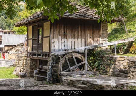 Mulino ad acqua chiamato Dolapkinya in Etar complesso architettonico ed etnografico vicino alla città di Gabrovo nel nord della Bulgaria Foto Stock