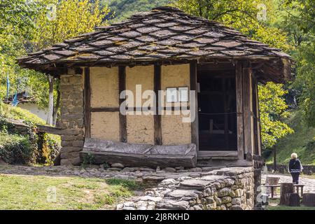 Mulino ad acqua chiamato Dolapkinya in Etar complesso architettonico ed etnografico vicino alla città di Gabrovo nel nord della Bulgaria Foto Stock