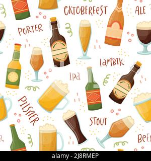 Modello vettoriale senza cuciture con tazze, bottiglie e scritte per birra. Bevande alcoliche. Illustrazione Vettoriale