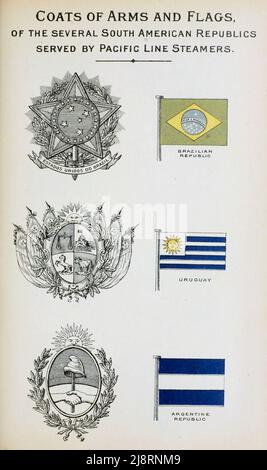 Coats of Arms and Flags of South American Republic served by Pacific Line Steamers Advertising apparso nell'edizione 1895 della ' Pacific line guide to South America; contenente informazioni per viaggiatori e spedizionieri ai porti sulle coste est e ovest del Sud America ' Foto Stock