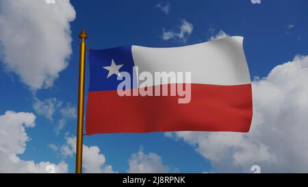 Bandiera nazionale del Cile ondeggiante 3D Render con flagpole e cielo blu, la Estrella Solitaria o la Lone Star, Repubblica del Cile bandiera tessile Foto Stock