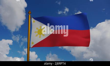 Bandiera nazionale delle Filippine ondeggiamento 3D Render con flagpole e cielo blu, Repubblica delle Filippine bandiera tessile, Feliciano Jocson di Julio Nakpil, cappotto Foto Stock