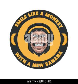 Sorridi come una scimmia con una Nuova Banana. Vettore sorridente DJ Chimpanzee Ape con cuffie, citazione tipografica. Funny Monkey Head per Wall Art, T-shirt PRI Illustrazione Vettoriale