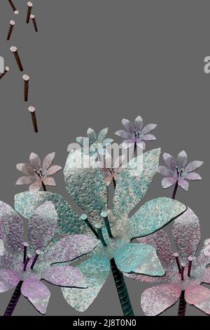 Fiori di metallo color pastello con chiodi che cadono al centro dei fiori con sfondo grigio illustrazione digitale. Spazio copia Foto Stock