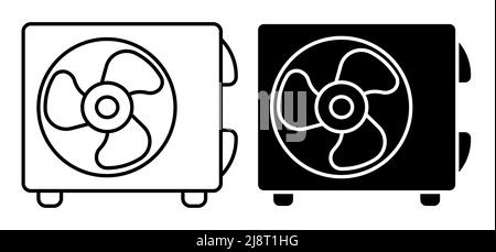 Icona lineare. Unità climatizzatore con ventola a tre pale. Riscaldamento e raffreddamento della stanza. Mantenere una temperatura confortevole in ufficio. Semplice nero e Whi Illustrazione Vettoriale