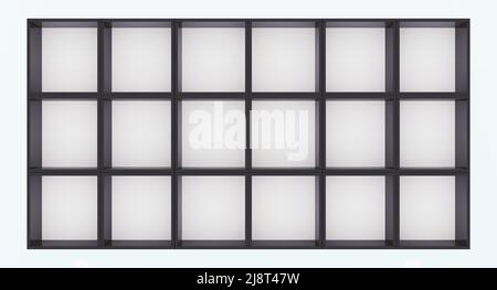 3D mockup di armadio nero vuoto con mensole su parete bianca. Mobili da cucina o scaffale per ufficio e casa. Negozio, vetrina della galleria. Vendita al dettaglio in bianco Illustrazione Vettoriale