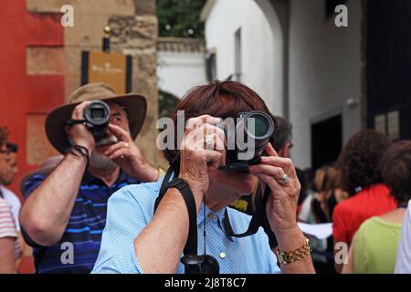 SIVIGLIA, SPAGNA - 21 MAGGIO 2017: Diversi turisti non identificati scattano foto delle attrazioni con grande espressione. Foto Stock