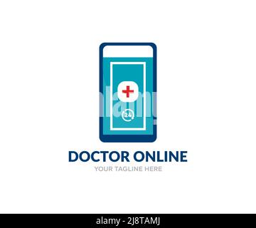 Design del logo online per medici, medicine e assistenza sanitaria. Consultazione medica online, dottore attraverso il disegno e l'illustrazione del vettore del telefono. Illustrazione Vettoriale