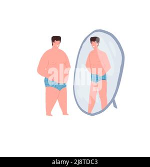 Carattere cartoon piatto guardando nello specchio, problemi psicologici concetto di illustrazione vettoriale Illustrazione Vettoriale