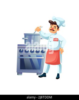 Flat cartone animato uomo personaggio chef cucina pasto in pentola, cibo professionale di cucina flusso di lavoro concetto di illustrazione vettoriale Illustrazione Vettoriale
