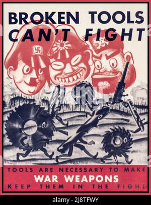 USA WW2 Propaganda Poster con gli assi leader come caricature cartoon , Adolf Hitler, Hideki Tojo e Benito Mussolini 'Broken tools non può combattere. Sono necessari strumenti per fare armi da guerra. Teneteli in lotta". Seconda Guerra Mondiale seconda Guerra Mondiale Data tra circa 1942 e circa 1943 Ufficio per la gestione delle emergenze. War Production Board. (01/1942 - 11/03/1945) Foto Stock